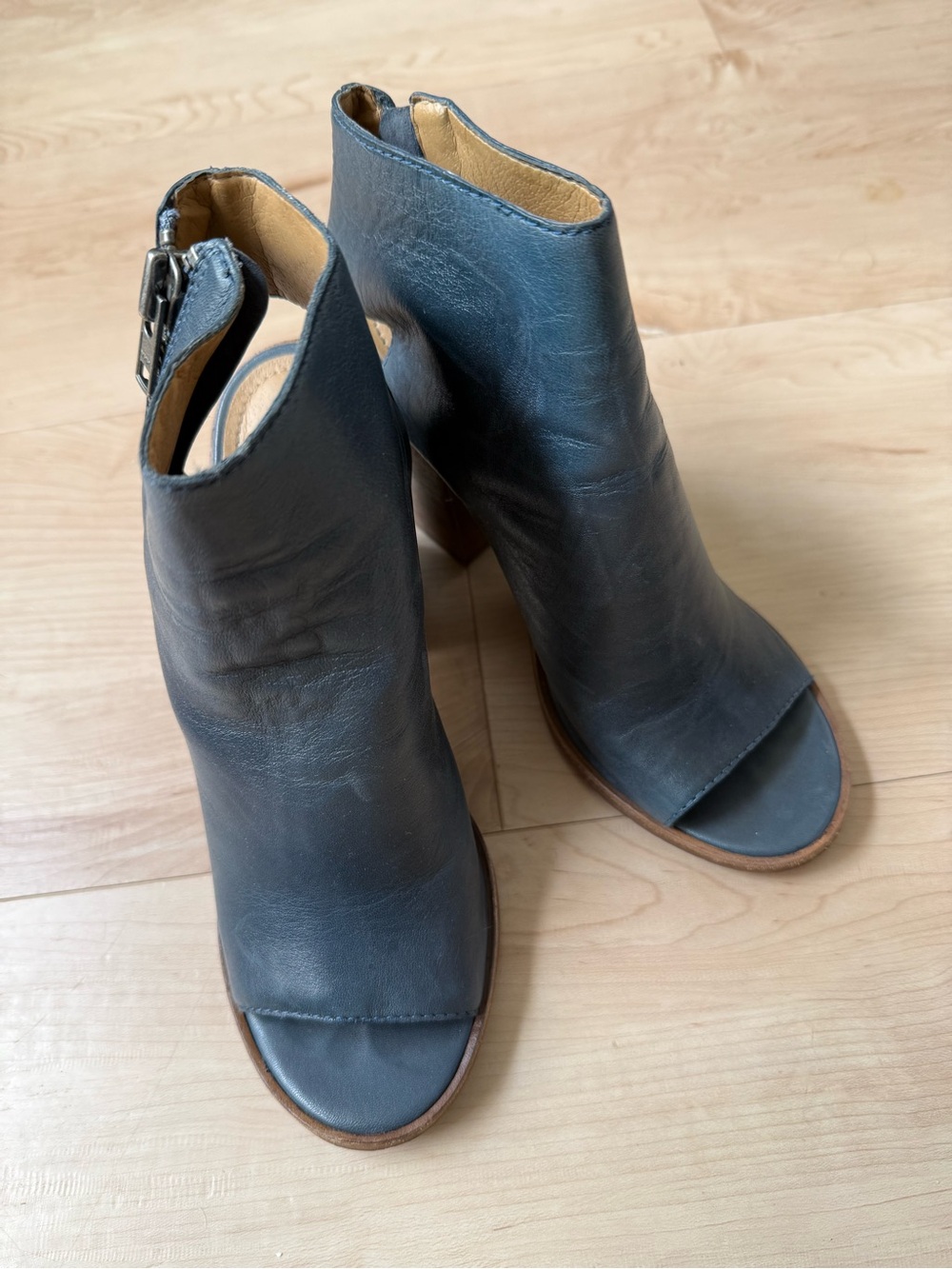 Women's Open-Toe Leather Booties - Blue
